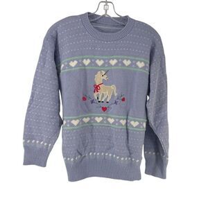 Vintage Unicorn Sweater 90s Women Size S Blue Heart Cottage Embroidered Crewneck